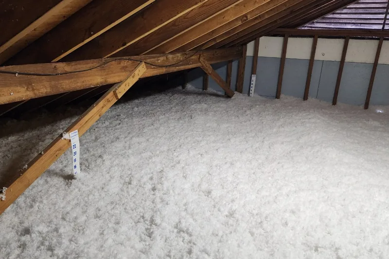 Blown-in fiberglass insulation installed in a Triangle NC attic showing uniform depth and coverage