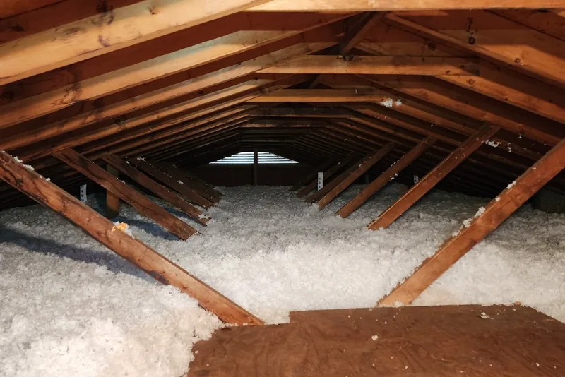 Freshly blown fiberglass insulation installed in a Wake County NC attic to R-49 depth