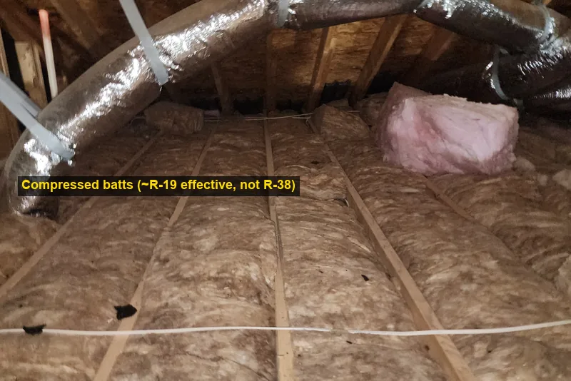 Compressed fiberglass batts and fully exposed ceiling joists in a Cary NC attic showing thermal bridging and reduced effective R-value