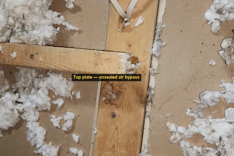 Unsealed top plate gap in a Raleigh NC attic showing an air bypass that allows conditioned air to escape into attic space