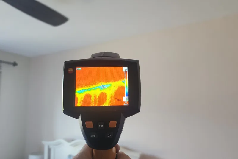 Peak Energy technician using a thermal camera to scan a bedroom ceiling for heat loss in a Wake County NC home energy audit