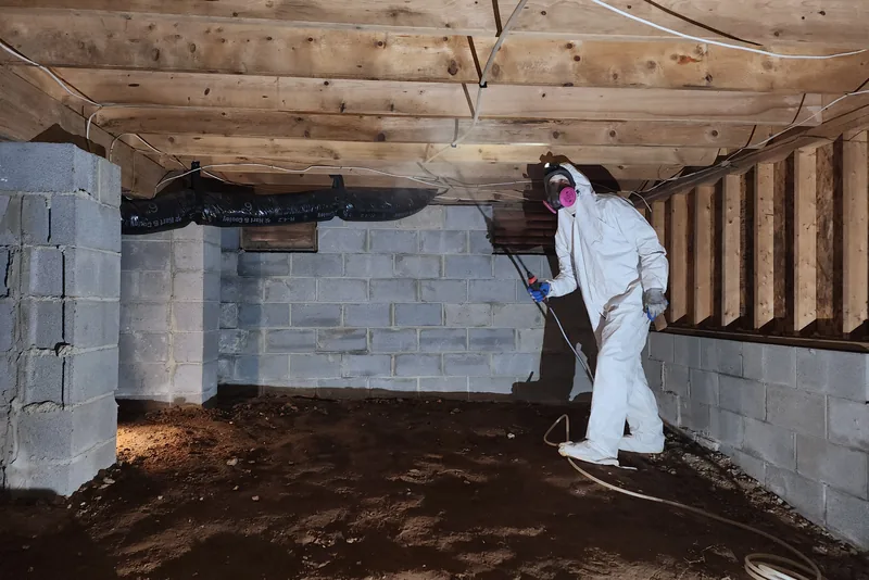 Technician in Tyvek suit and respirator spraying antimicrobial treatment on floor joists and foundation walls in a Wake County crawl space