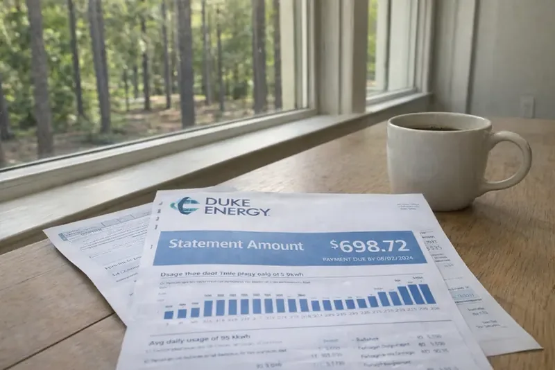 Duke Energy bill showing $698 statement amount on a table by the window — high energy bill in NC home