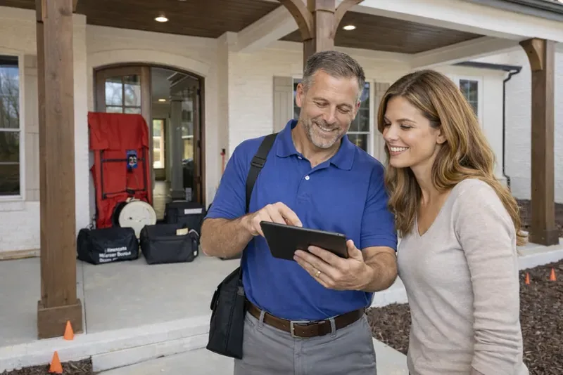 Home energy audit consultant reviewing findings with homeowner on front porch in North Carolina