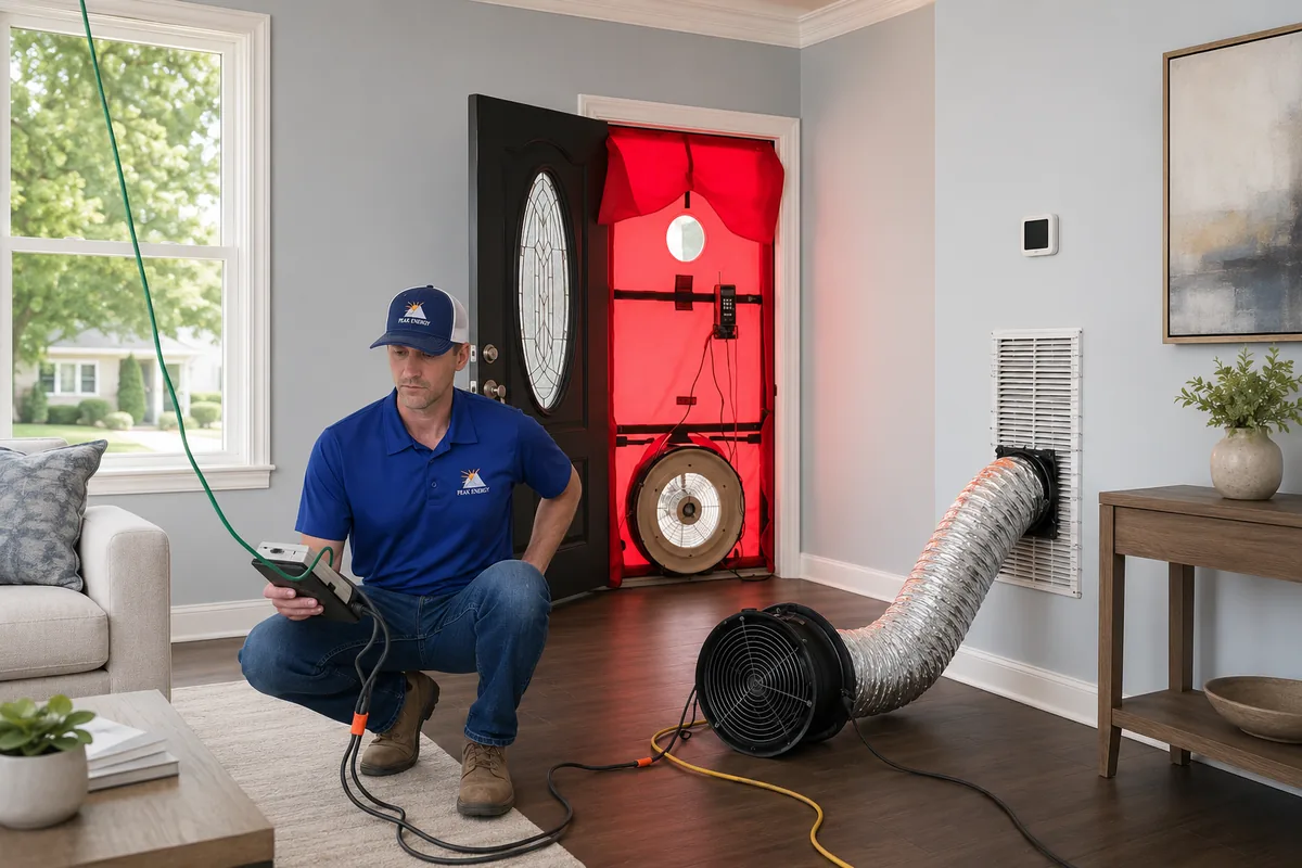 Peak Energy blower door fan and duct blaster equipment set up for a home energy audit in a NC home