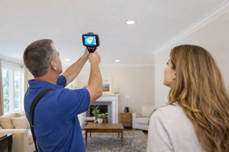 Energy auditor scanning ceiling with thermal imaging camera during home energy audit in NC